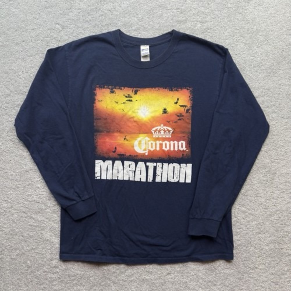 Corona Marathon T-Shirt Mens Large Navy Blue Long Sleeve Sunset Beer Graphic Tee